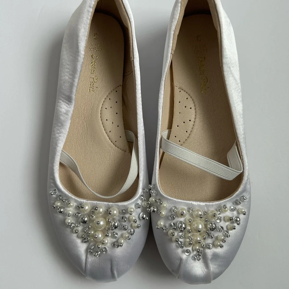 DREAM PAIRS Girl's Mary Jane Pearl Ballerina Flats White Satin Silver‎ Beads 3